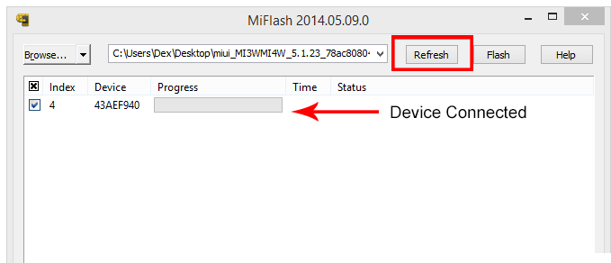 Device connected to Xiaomi Mi Flash Tool