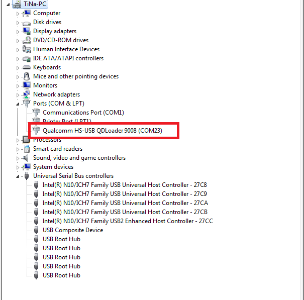 Qualcomm HS USB QDLoader 9008 port