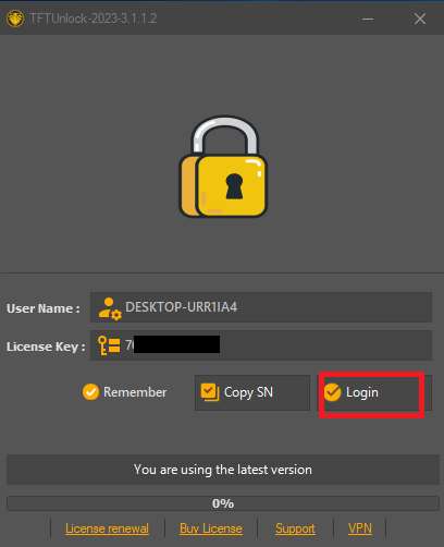 TFT Unlock Tool Login Window TFT Unlock Tool Login Window