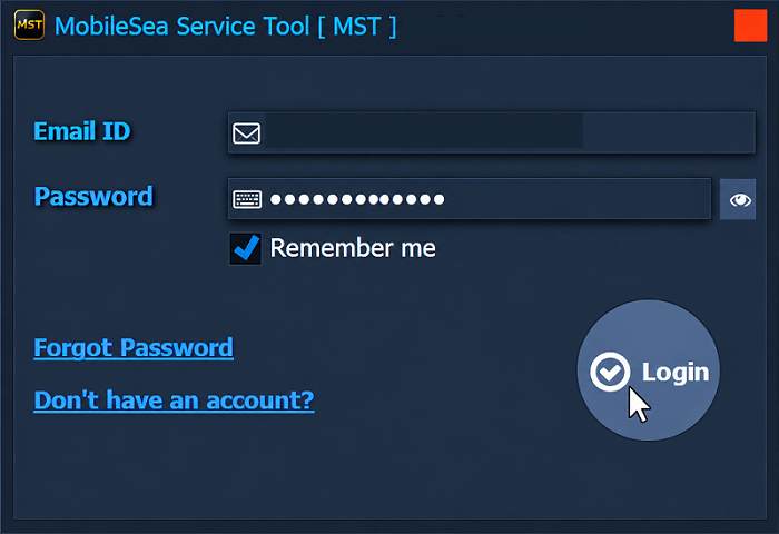 MobileSea Service Tool login screen MobileSea Service Tool login screen